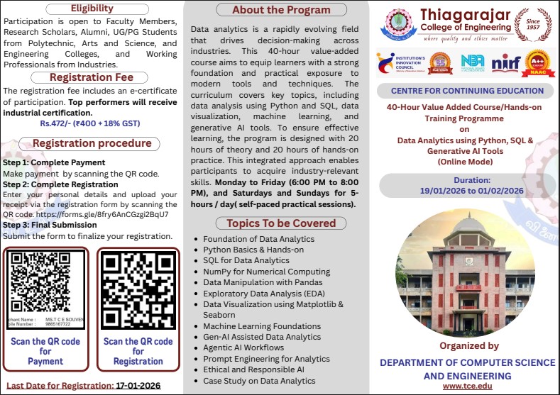 40-Hour Value Added Course/Hands-on  Training Programme on Data Analytics using Python, SQL & Generative AI Tools (Online Mode)