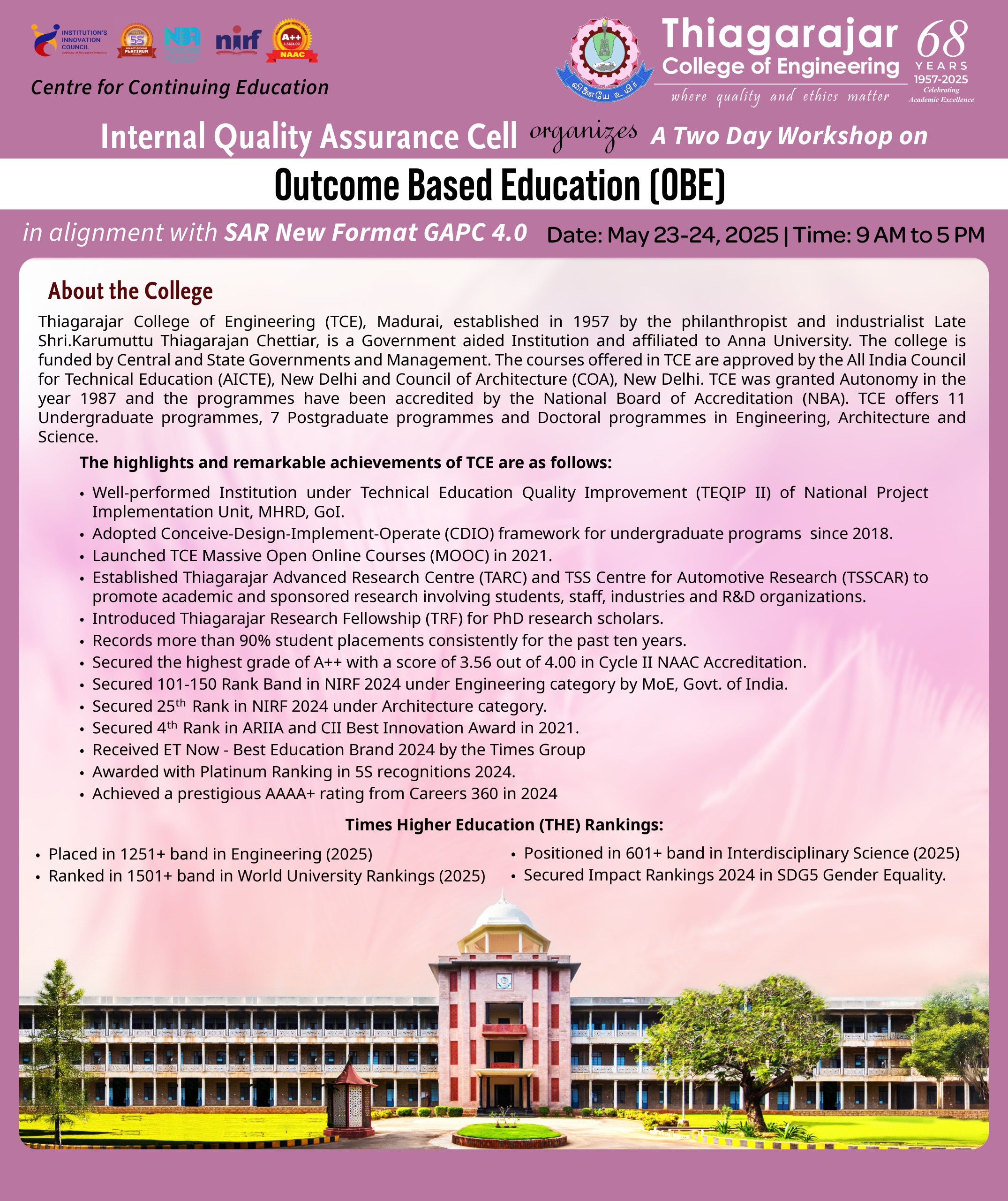 Two-Day Workshop on Outcome Based Education(OBE) in alignment with SAR New Format GPAC 4.0 